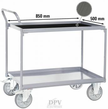 The image shows a sturdy serving cart with two shelves. The cart has a silver metal frame and is equipped with large, mobile wheels.