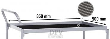 The image shows a work table with a metal frame. It is 850 mm high and 500 mm wide. There is a handle on the side. The tabletop is black and smooth.