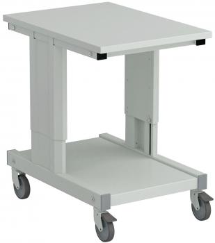 The image shows a small, mobile table on wheels. It has a rectangular tabletop and a lower shelf. The color is light gray-white, and it has a simple, modern shape.