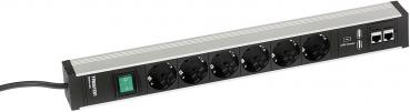 The image displays a black power strip with five slots. At one end, there is a green switch and a LAN port. Everything is elongated and flat.