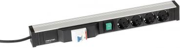 The image shows an aluminum power strip. It has four outlets and a green switch for power control. On the left side, there is a circuit breaker.
