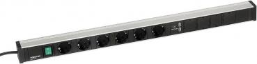 The image shows a black power strip with five Schuko sockets, a green power indicator, and a flat, narrow aluminum housing. It is intended for power distribution purposes.