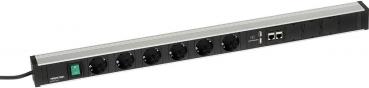 The image shows a power strip with several outlets in a long, rectangular shape. At one end, there is a power switch and additionally two USB ports.