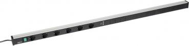 The image displays a long, narrow power strip in silver and black. It features multiple sockets and a switch for turning it on and off. A cable runs from one end.