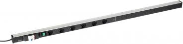 The image shows a long, narrow power strip made of black plastic with a silver frame. It has multiple sockets and a green switch on one side.