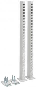 The image shows two vertical, gray metal posts with many vertical holes for mounting. Next to them are four screws and two base plates.