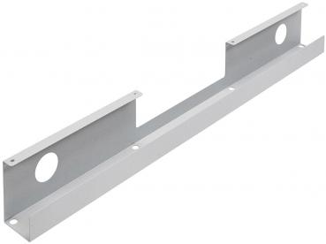 The image displays a straight, rectangular metal strip in silver color. It features rectangular protrusions at both ends pointing upwards and two round cutouts in the center.