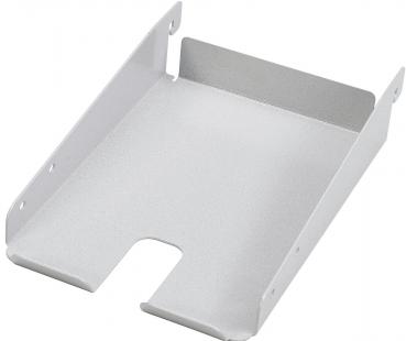 The image displays a white, rectangular metal holder. It has an open front, two side walls, and a flat bottom surface. The corners are rounded. Ideal for storing items.