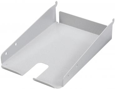 The image shows a white, flat storage box with open sides and a notched front. It has a simple, rectangular shape and is made of metal.
