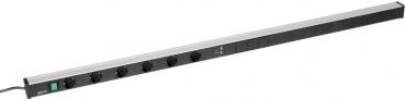 The image shows a black power strip with several (in this case five) outlets, a green button, and a sleek, metallic casing. It is long and flat.