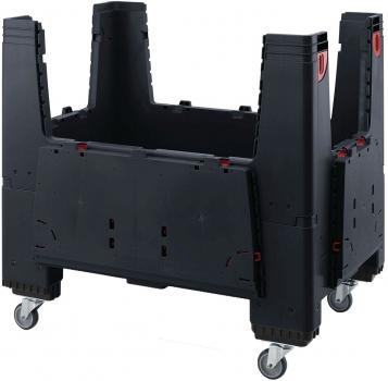 Ein schwarzer, vierrädriger Container aus Kunststoff mit hohen, stabilen Seitenwänden und rotem Griff. Er ist offen und lässt sich leicht bewegen. Ideal für Transport und Aufbewahrung.