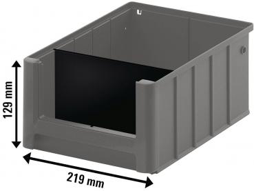 The image shows a gray, rectangular plastic box. It measures 219 mm in width and 129 mm in height. The walls are tall, with an open front.