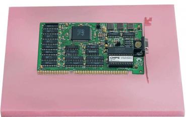 The image shows a green circuit board with many small components and a large chip. It is lying on a pink mat. The circuit board has contacts on the bottom.
