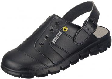 The shoe is an open, white clog with a strap on the back, a smooth surface, and several ventilation holes. The sole is thick and non-slip.