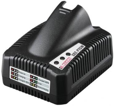 The image shows a black charger with a slanted top. It has ventilation slots and several status indicators on the front that display the charging status.