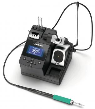 The image shows a black soldering station with a digital display, several soldering tips, and a green soldering tool. It is used for soldering and repairing electronic components.