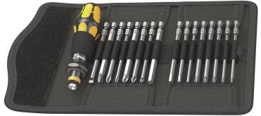 The image displays a screwdriver set in a black case. The screwdriver features a non-slip handle with yellow elements. Various metal screwdriver bits are neatly arranged within.