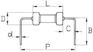 The image shows a technical drawing of a component with two lateral pins and a central connection. Dimensions for D, L, C, P, B, and d are provided.