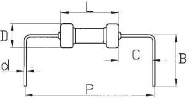 The image displays a technical drawing of a component with a cylindrical center, surrounded by two extending wires. Dimensions for various parts are specified: L, C, B, D, d, and P.