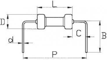 The image displays a technical drawing of a component with multiple dimensions (L, D, C, B, P, d). It features a central elevation with two lateral attachment arms.