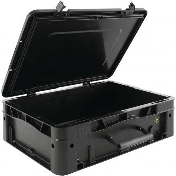 Das Bild zeigt eine schwarze, robuste Aufbewahrungsbox mit einem aufklappbaren Deckel. Die Box hat seitliche Griffe für leichteren Transport und ist stabil gestaltet.