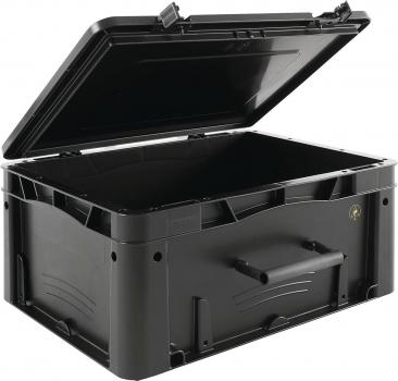 Das Bild zeigt eine schwarze, rechteckige Kunststoffbox mit einem abnehmbaren Deckel. Sie hat seitliche Griffe und eine stabile Konstruktion, geeignet zum Verstauen von Gegenständen.