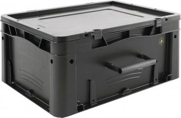 The box is rectangular and made of durable, black plastic. It has a flat lid and side grips for easy carrying. Ideal for storage.