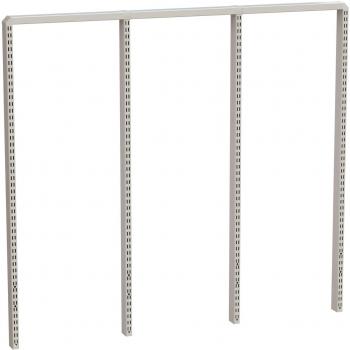 The image shows a simple, three-part metal shelving structure. It has three vertical supports with holes for attaching shelves, which are sturdy and open in design.