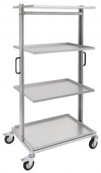 The image shows a multi-tiered metal cart with four flat shelves and movable wheels. There are two handles on the sides for pushing.
