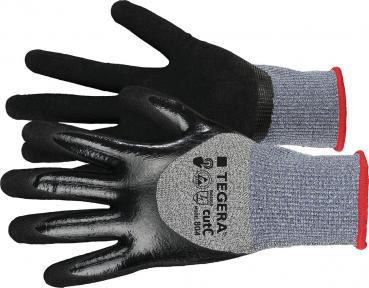 Das Bild zeigt ein Paar Arbeitshandschuhe. Sie haben graue, gestrickte Bündchen und schwarze, rutschfeste Handflächen mit einem markanten Logo in der Mitte.