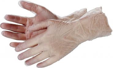 Das Bild zeigt zwei Hände, die mit transparenten Einweghandschuhen bedeckt sind. Die Handschuhe sind aus dünnem Material und wirken leicht und flexibel.