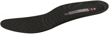 The image displays a black insole with a slightly curved shape. The surface is textured with small bumps and holes for ventilation. A brand name is printed on it.