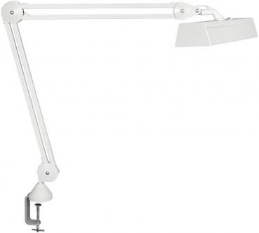 Das Bild zeigt eine weiße Schreibtischlampe mit einem langen, flexiblen Arm. Die Lampe hat einen quadratischen Lampenschirm und wird am Tisch mit einer Klemme befestigt.