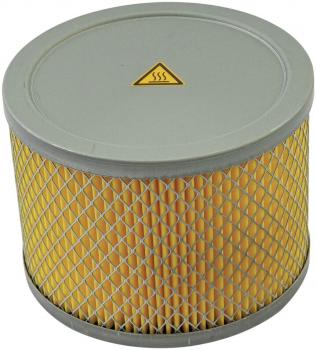 The image shows a cylindrical air filter. The top part is gray with a warning symbol. Below it is a yellow, textured material, surrounded by a grid-like mesh.