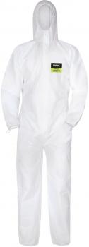 The image shows a white one-piece, a type of protective suit. It has a zipper and a hood that covers the head. There is a black label with yellow text on the chest.