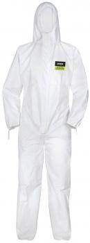 The image shows a white protective suit with a hood. It has long sleeves and legs and is designed for use in hazardous environments. A green label is visible.