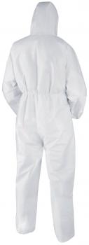 The image shows a white protective suit with a hood. It is tightly fitted and has an elastic band at the waist and sleeves. The suit is designed to cover the entire body.
