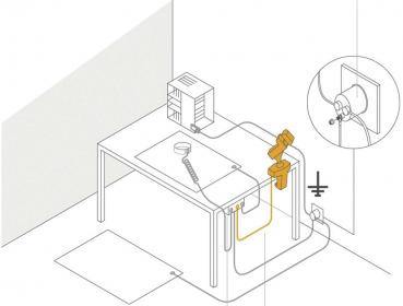 Das Bild zeigt einen Tisch mit einer Maschine, einem Behälter und einem Roboterarm. Kabel verbinden die Geräte. Auf der Seite ist eine Steckdose abgebildet.