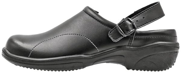 The image shows a black leather clog shoe. It has a closed front, an open heel, and an adjustable strap. The sole is thick and slip-resistant.