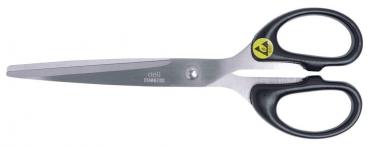 The image shows a large pair of scissors with long, straight metal blades and a black plastic handle. The handle has two round openings for the fingers.