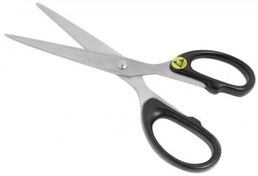 The image shows a pair of scissors with silver blades and black plastic handles. The blades are joined at a joint and open sharply apart.