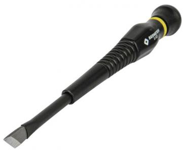 The image shows a screwdriver with a long, slender, black handle and a flat, wide blade at the tip. The handle has a yellow marking.