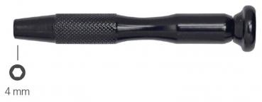 The image shows a black, elongated screwdriver with a round, flat head and a textured grip section in the middle. There is a cap at the top end.
