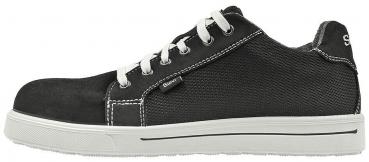 The shoe is a black, high-top fabric sneaker. It has white laces and a rubberized, round toe cap. On the side is a red logo with a white circle.