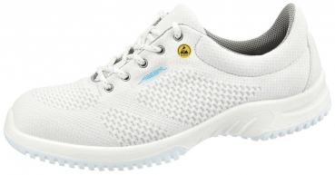 Der Schuh ist ein sportlicher, weißer Sneaker aus atmungsaktivem Material mit rutschfester Sohle. Er hat Schnürsenkel und eine gepolsterte Innensohle für Komfort.