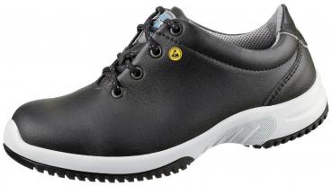 The shoe is black, made of leather with a white rubber sole. It features practical lacing and a simple, sporty style, ideal for everyday wear and work.