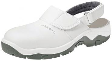 The image displays a white clog with a padded backstrap. The sole is grippy and slightly elevated. The shoe features a simple, modern shape, ideal for everyday use.