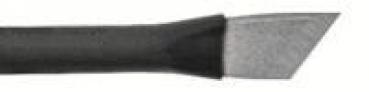 The image shows the tip of a sharp tool, similar to a scalpel. The handle is black and the blade has a narrow, triangular shape.