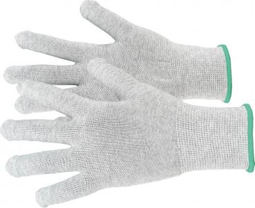 The image shows a pair of gray mesh gloves with a green cuff. They are shaped like gloves and lie flat on a surface.