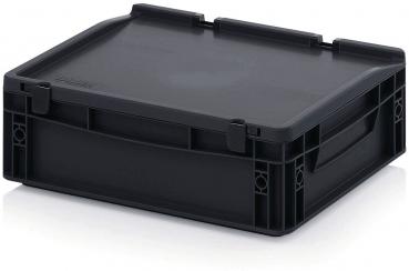 Das Bild zeigt eine quadratische, schwarze Kunststoffbox mit einem flachen Deckel. An den Seiten sind Griffe und Verbindungsstellen zu sehen. Die Box hat abgerundete Ecken und ist stabil.